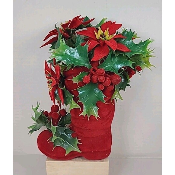 Vintage 8.5" Red Flocked Boot With Poinsettias - Picture 1 of 7